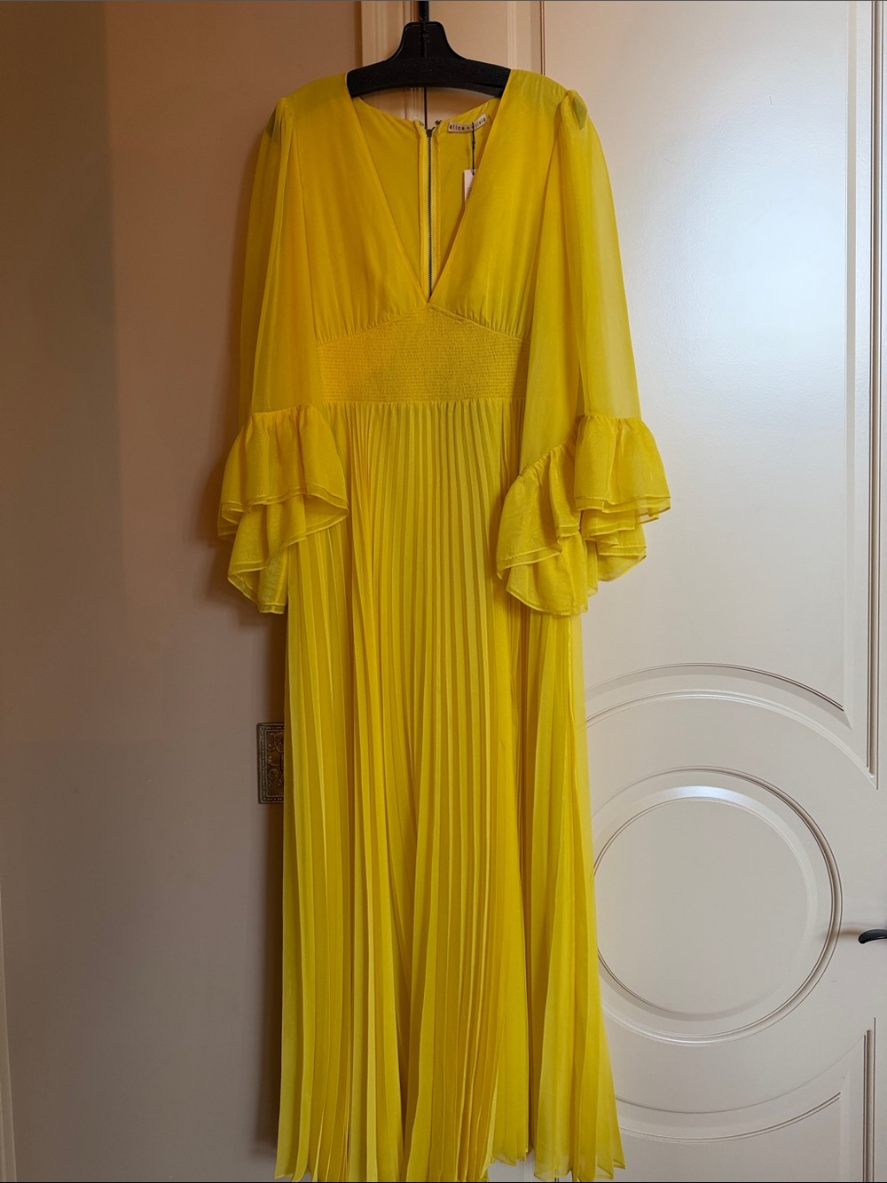 Alice + Olivia Bright Yellow Pleated Maxi Dress with Ruffle Sleeves